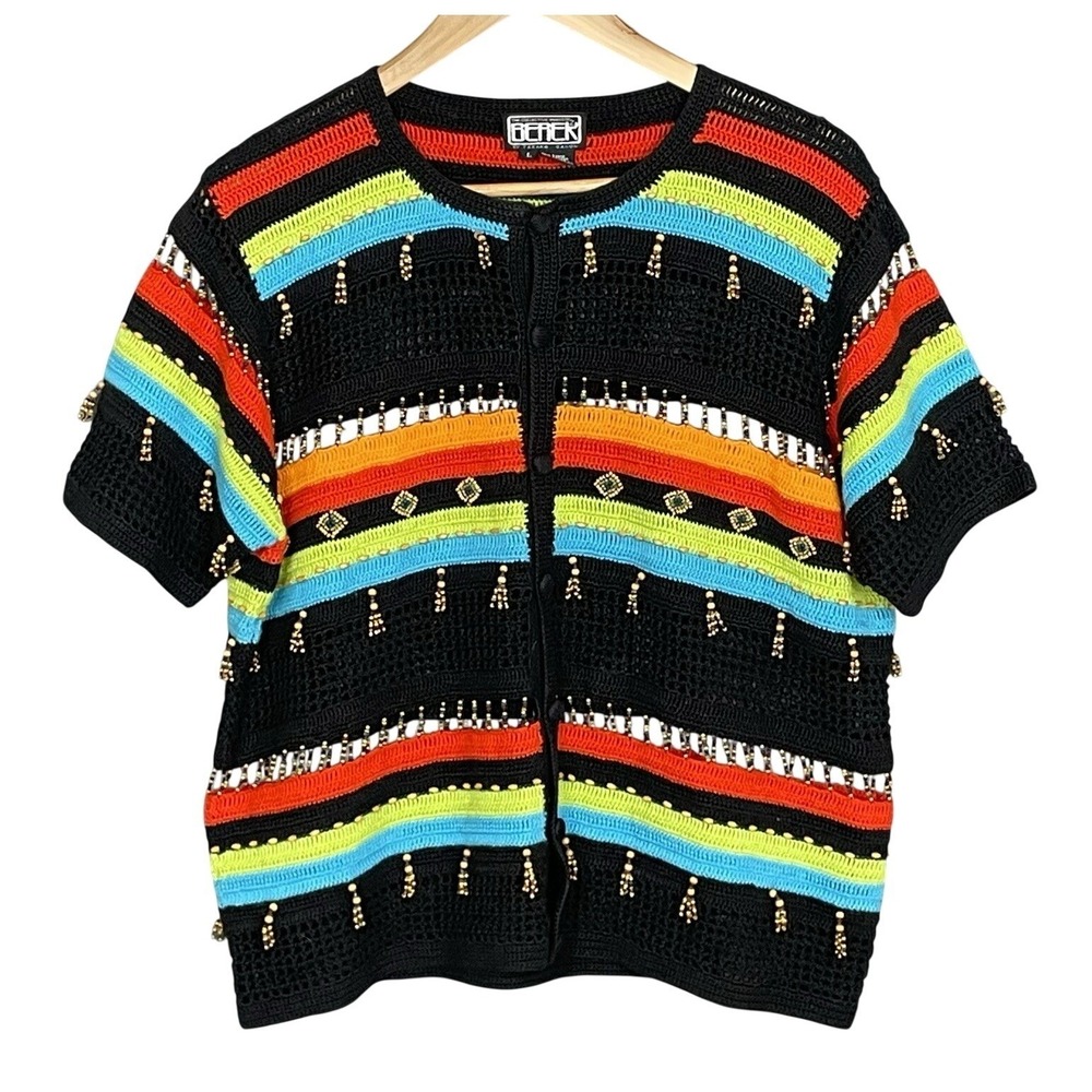 Vintage Berek Beaded Crochet Striped Cardigan Sweater Size L Artsy Boho Eclectic